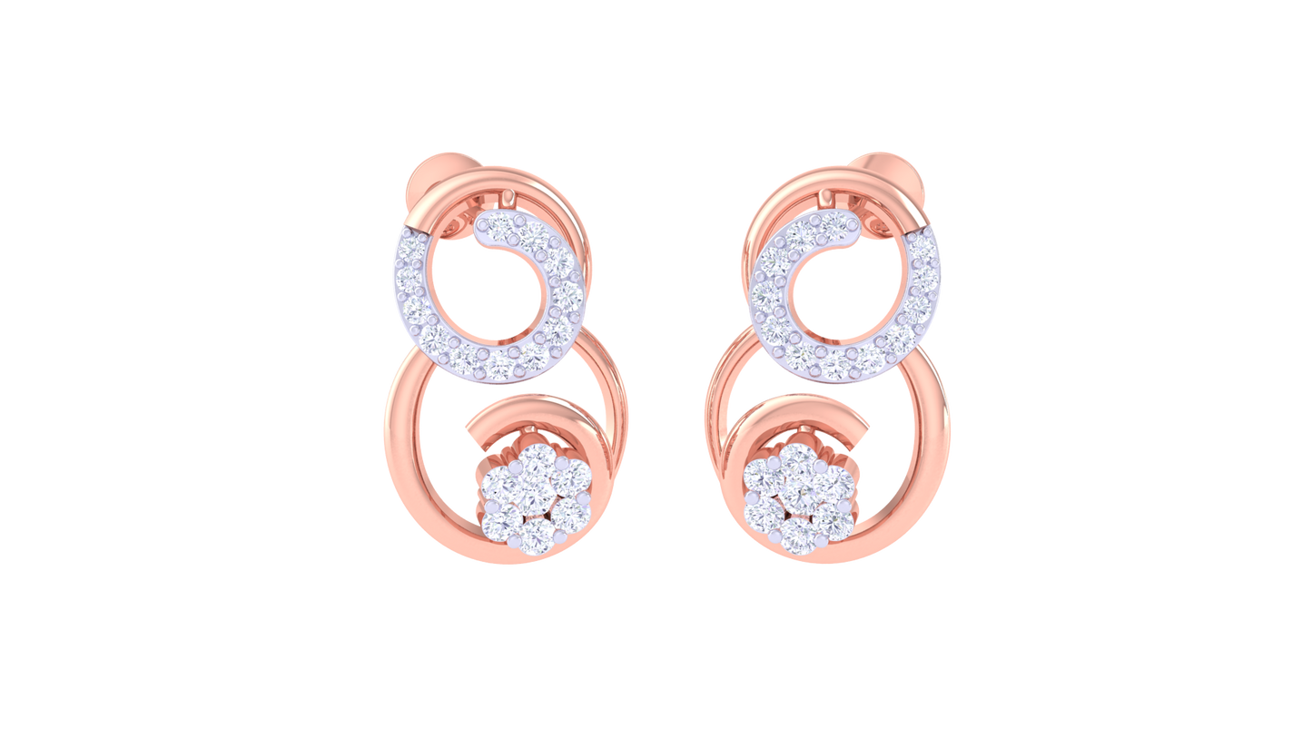 Dual Charm Stud Earrings In Gold - 0.33 Ct Diamonds and Floral Cluster Centerpiece