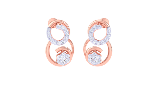 Dual Charm Stud Earrings In Gold - 0.33 Ct Diamonds and Floral Cluster Centerpiece