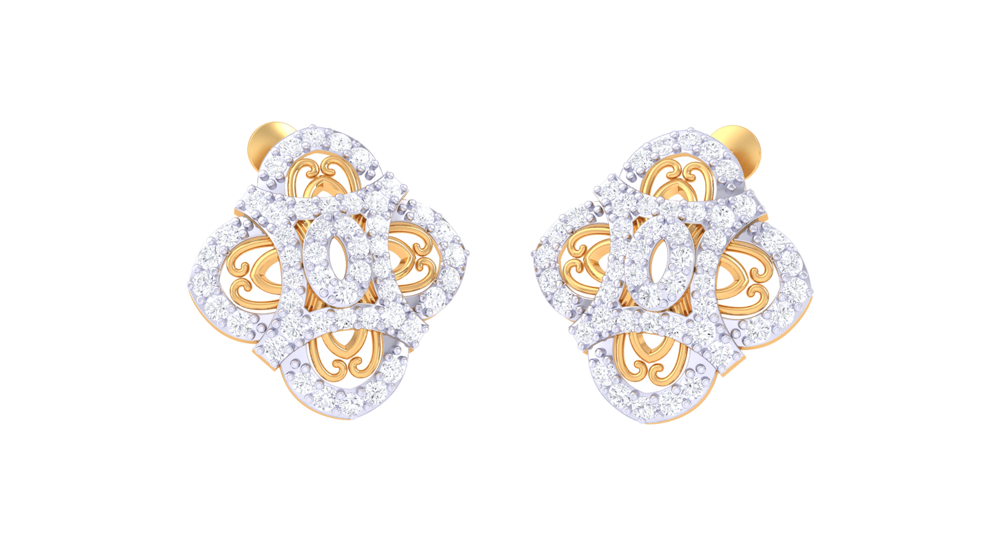 Marquise Petal Stud Earrings In Yellow Gold - 0.84 Ct Round Diamond