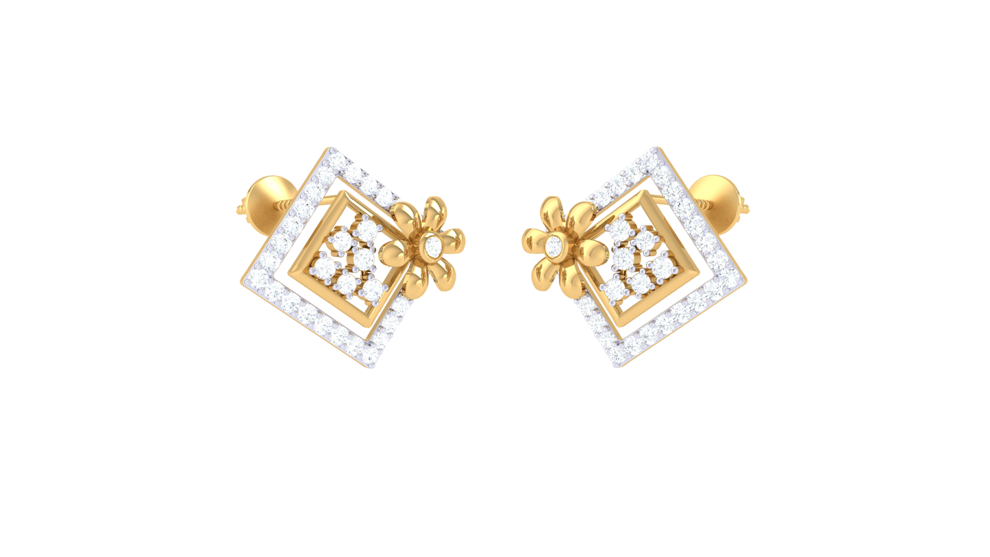 Regal Bloom Square Diamond Stud Earrings In Gold – 0.72 Ct