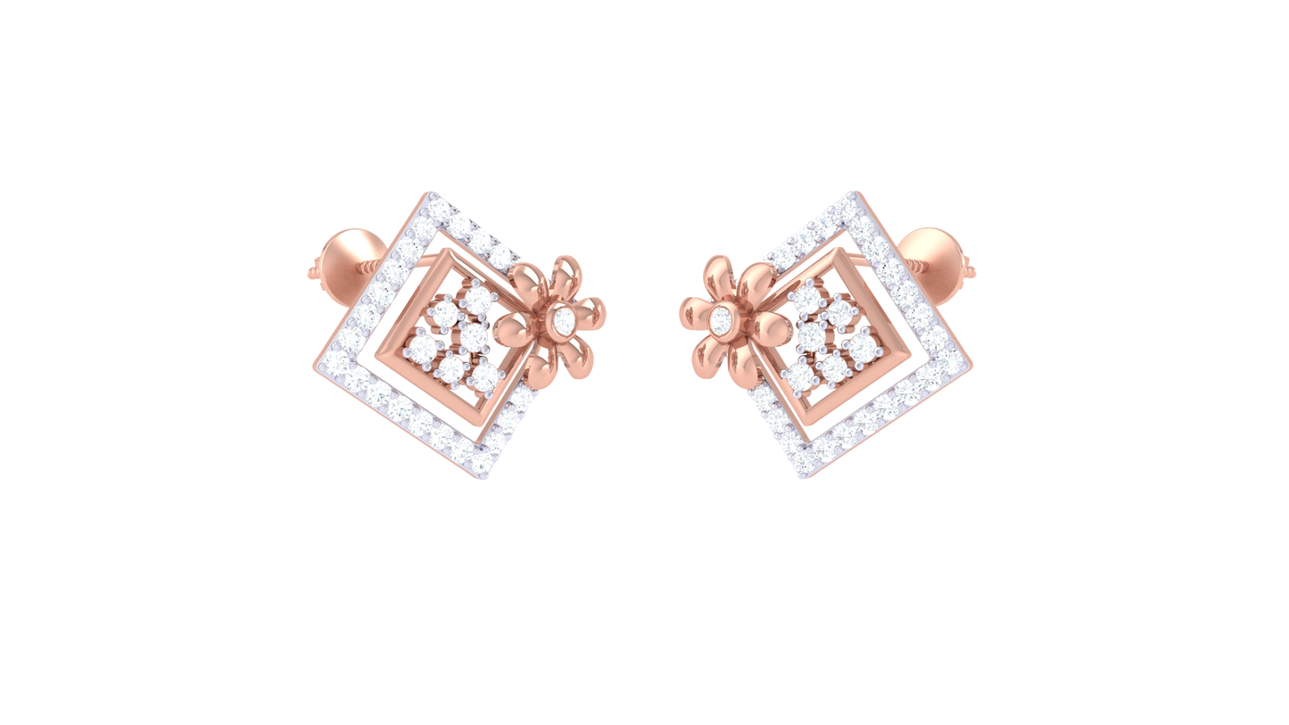 Regal Bloom Square Diamond Stud Earrings In Gold – 0.72 Ct