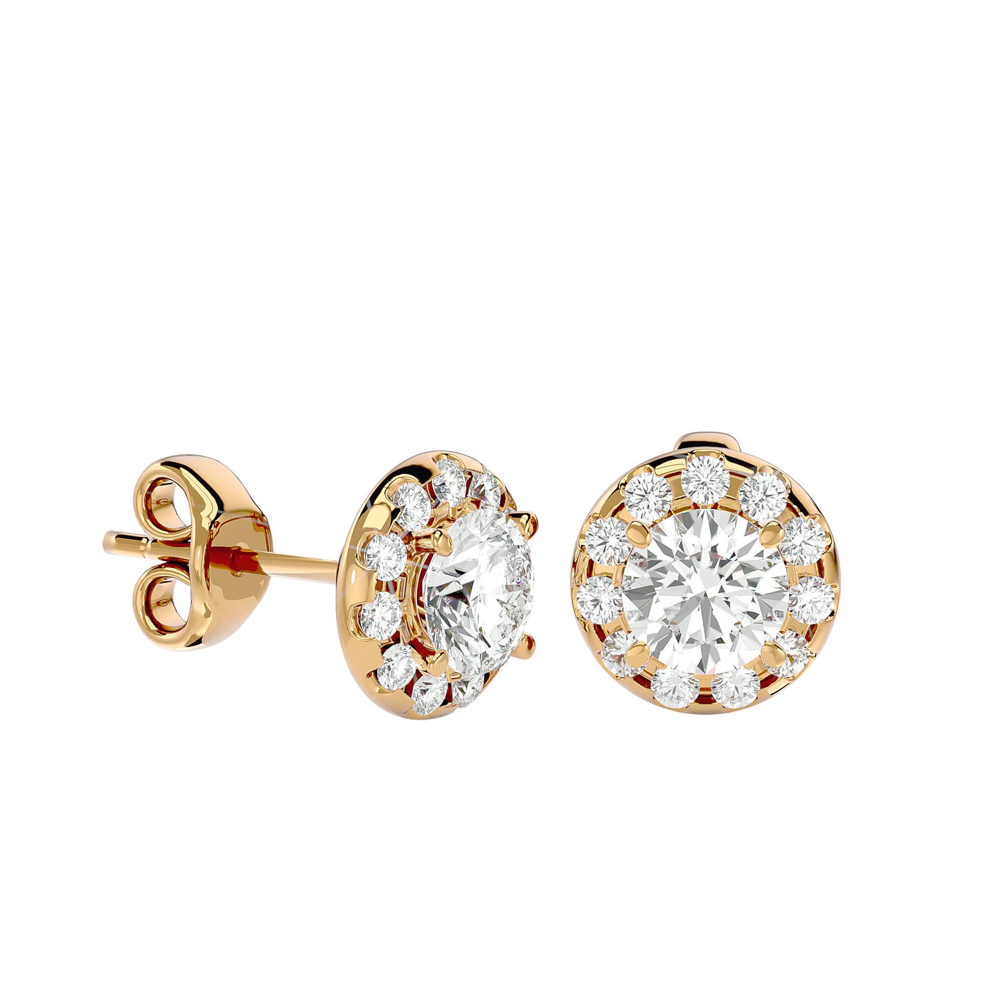 1.06 Ct Gold Double Halo Diamond Stud Earrings - Round Brilliant Cut