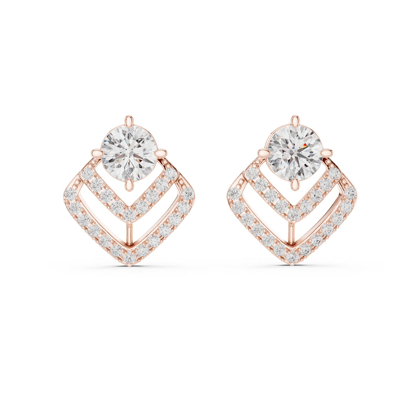 3.41ctw Round Diamond Geometric Chevron Stud Earrings - Yellow Gold