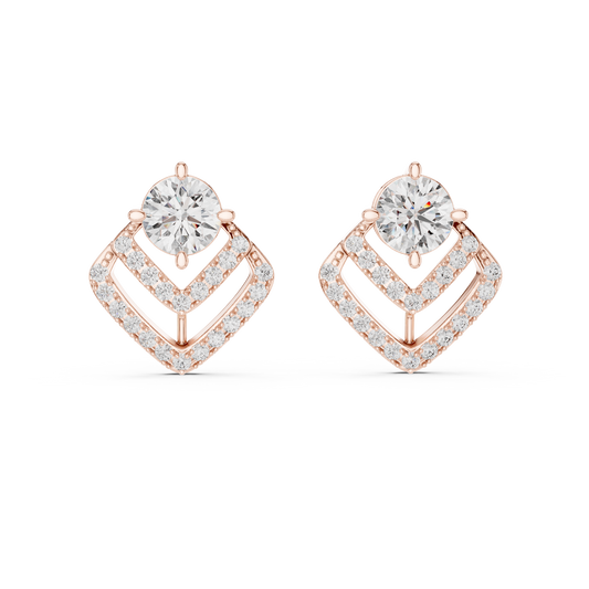 3.41 Carat Round Diamond Geometric Chevron Stud Earrings - Yellow Gold