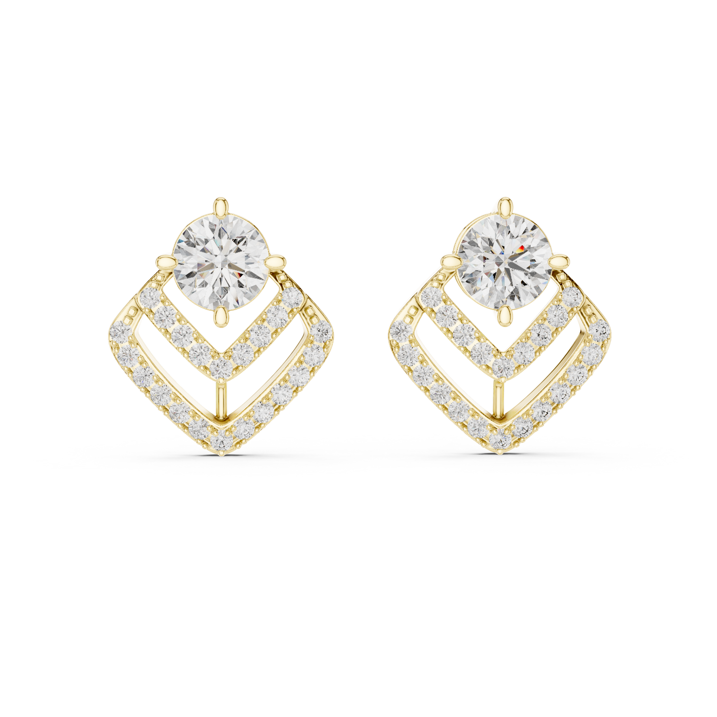 3.41ctw Round Diamond Geometric Chevron Stud Earrings - Yellow Gold