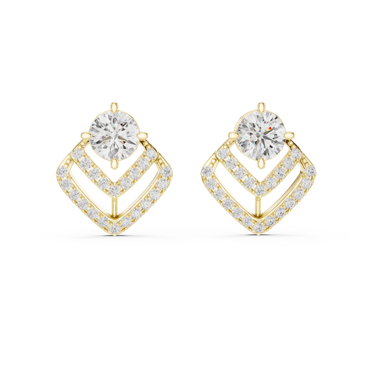 3.41 Carat Round Diamond Geometric Chevron Stud Earrings - Yellow Gold