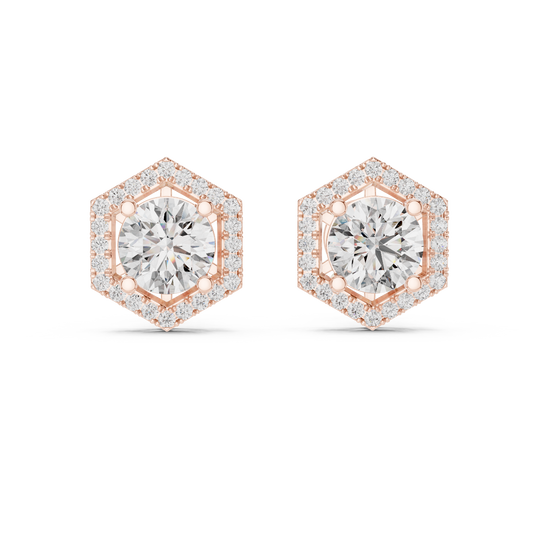 2.98 Carat Round Diamond Hexagon Halo Stud Earrings - Yellow Gold