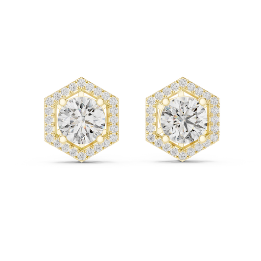 2.98 Carat Round Diamond Hexagon Halo Stud Earrings - Yellow Gold