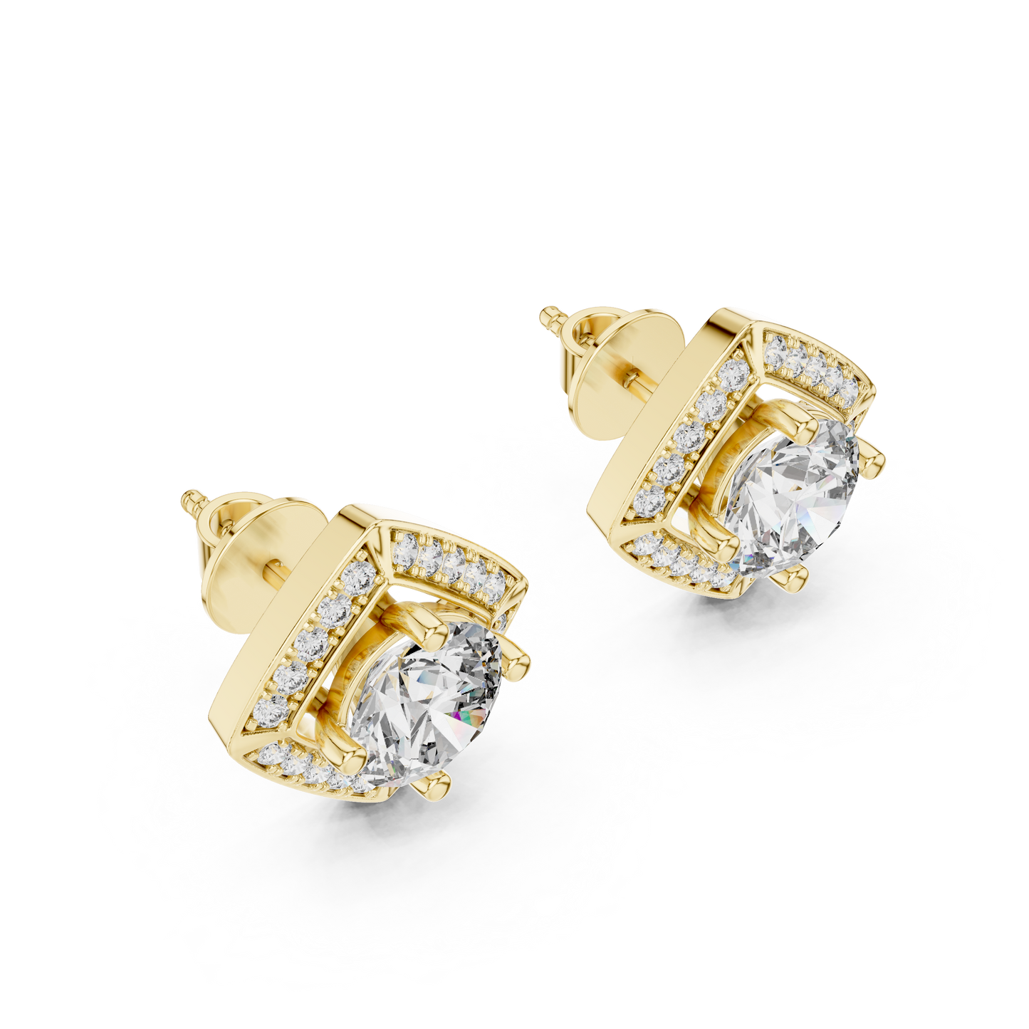 2.98ctw Round Diamond Cushion Kite Halo Stud Earrings - Yellow Gold