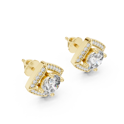 2.98ctw Round Diamond Cushion Kite Halo Stud Earrings - Yellow Gold