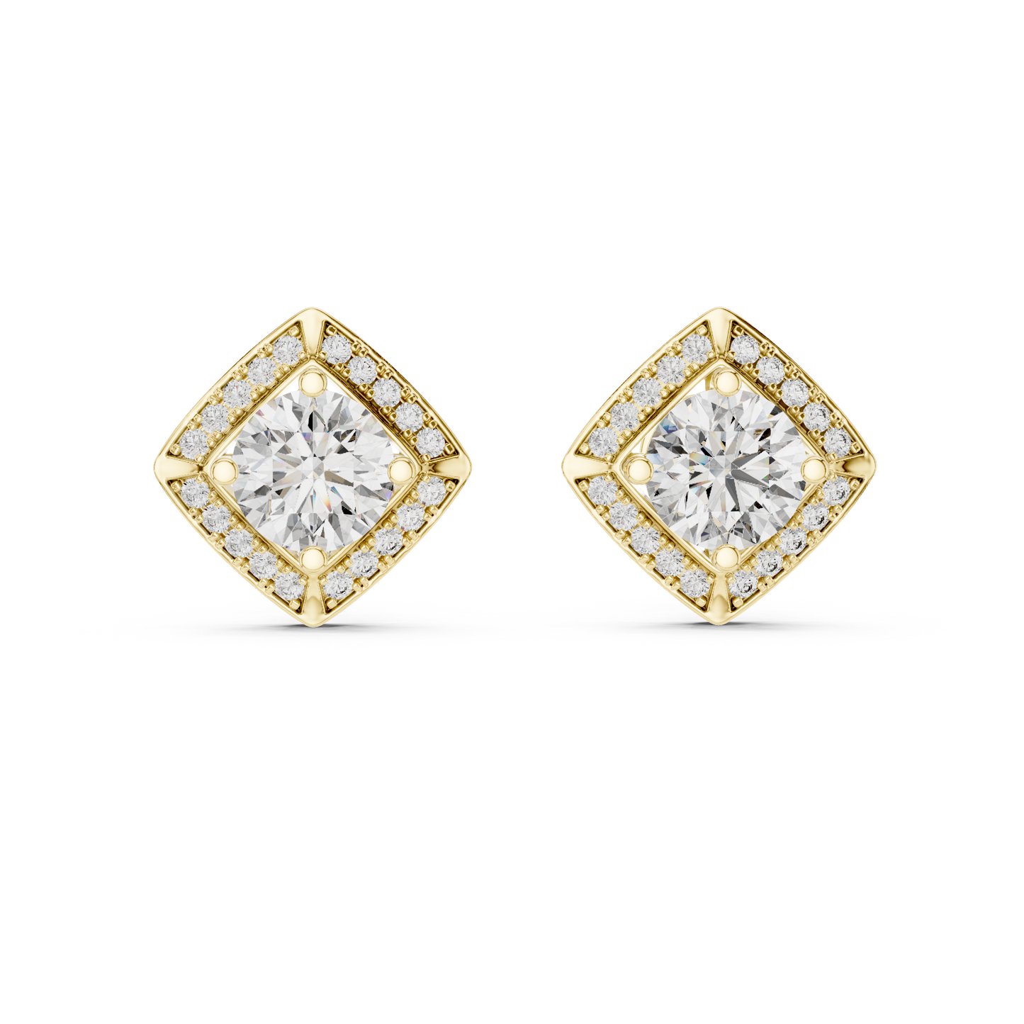 2.98ctw Round Diamond Cushion Kite Halo Stud Earrings - Yellow Gold