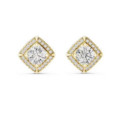 2.98ctw Round Diamond Cushion Kite Halo Stud Earrings - Yellow Gold