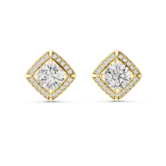 2.98 Carat Round Diamond Cushion Kite Halo Stud Earrings - Yellow Gold