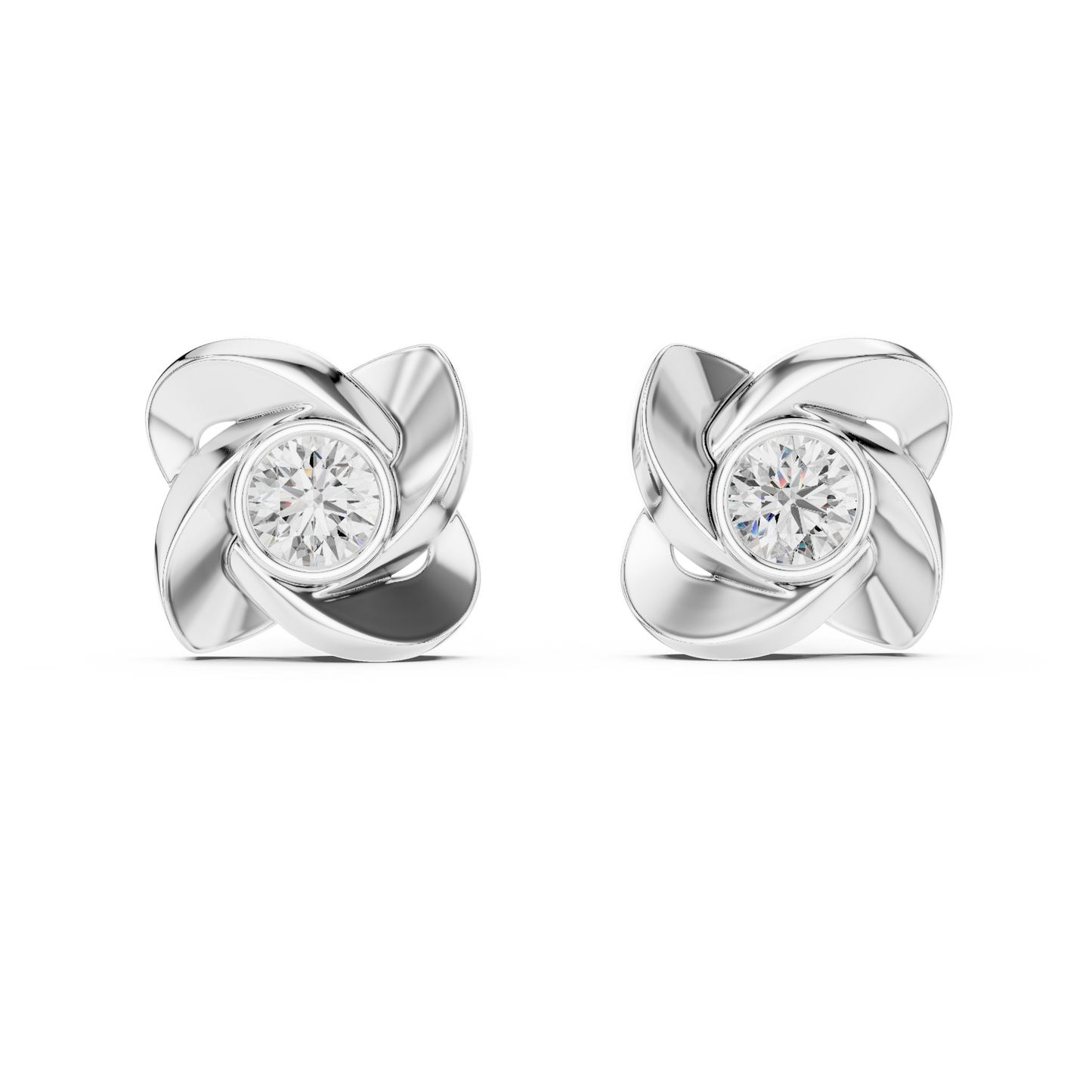 1.8ctw Round Diamond Bezel Pinwheel Floral Stud Earrings - Solid Gold