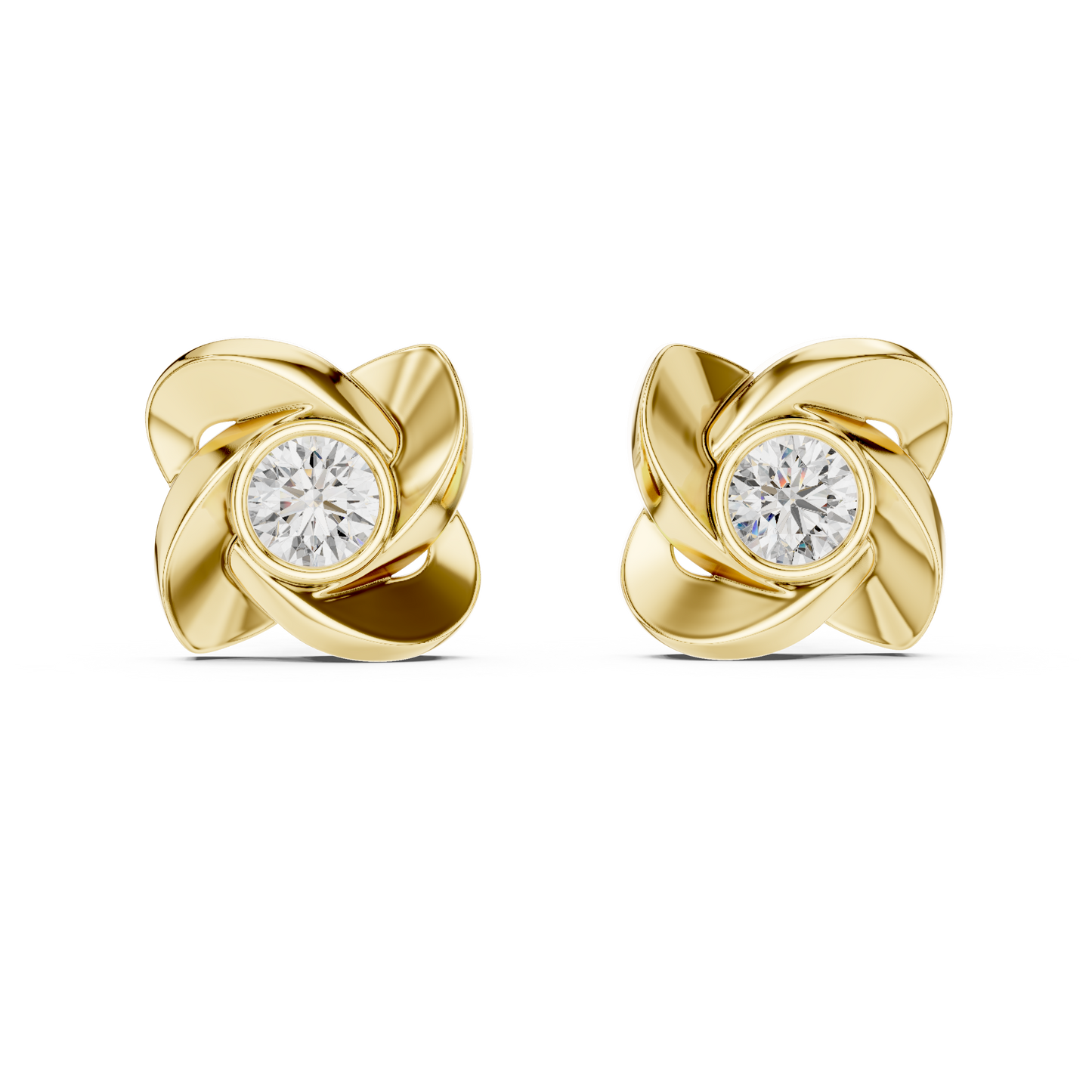 1.8ctw Round Diamond Bezel Pinwheel Floral Stud Earrings - Solid Gold