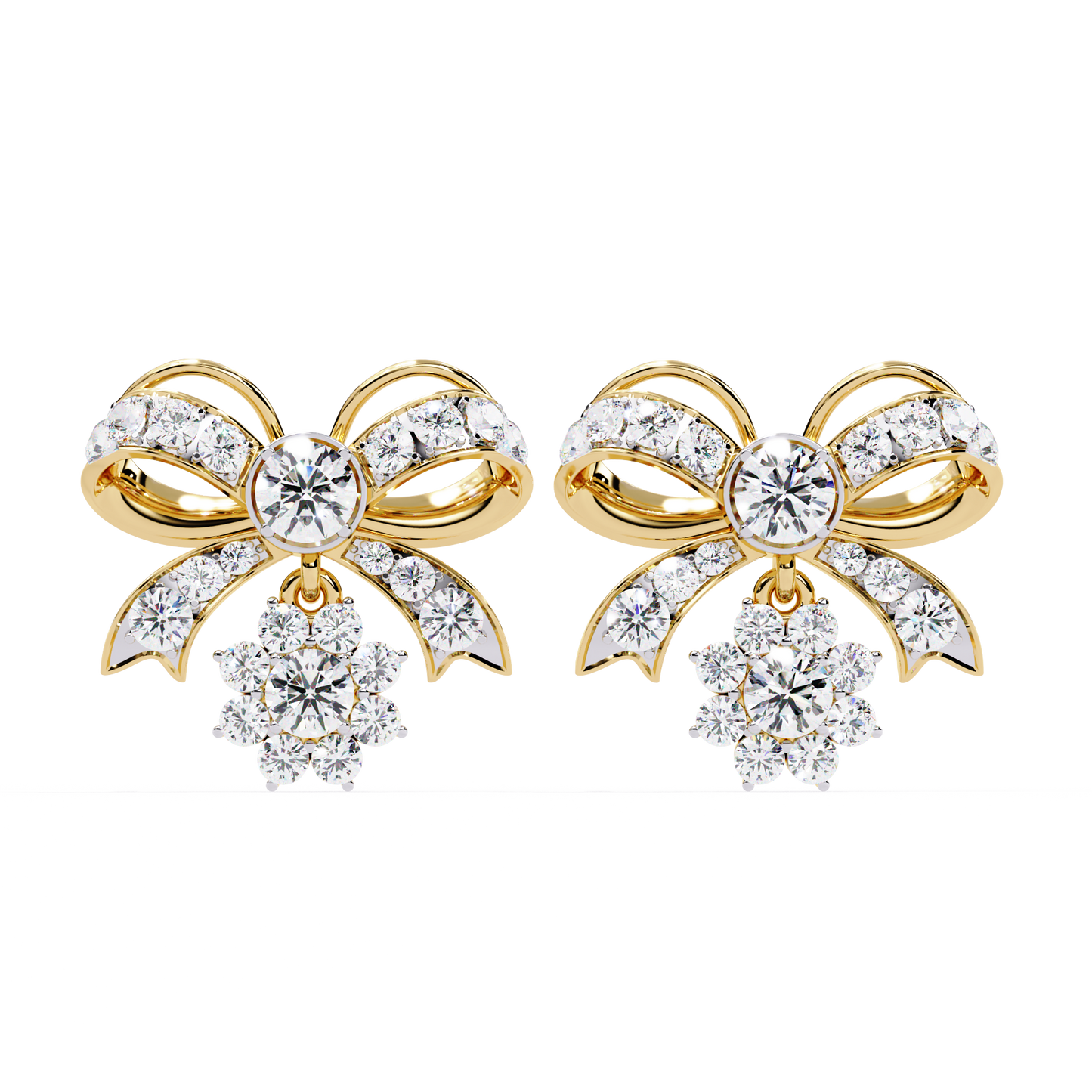 Diamond-studded Bow and Floral Cluster Earrings In Gold - 2.21 Ct