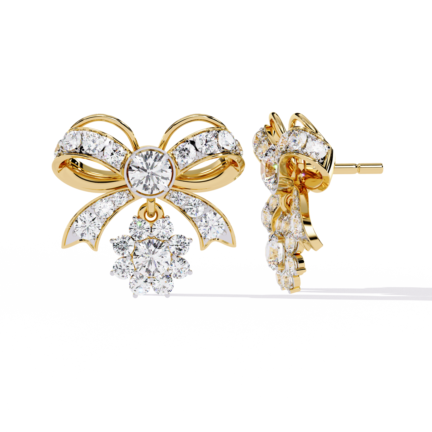 Diamond-studded Bow and Floral Cluster Earrings In Gold - 2.21 Ct