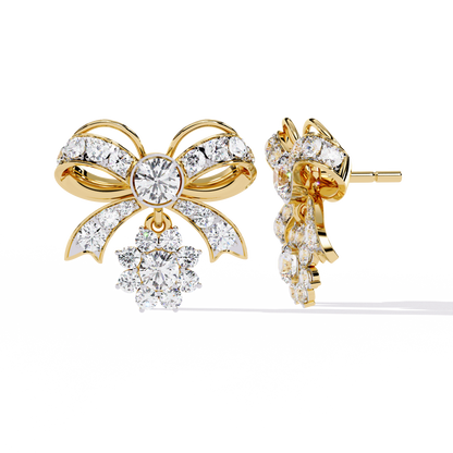 Diamond-studded Bow and Floral Cluster Earrings In Gold - 2.21 Ct