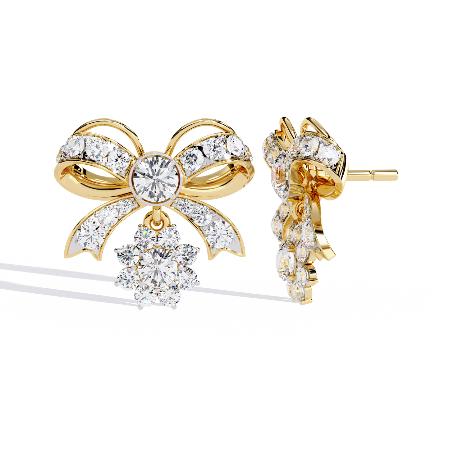 Diamond-studded Bow and Floral Cluster Earrings In Gold - 2.21 Ct