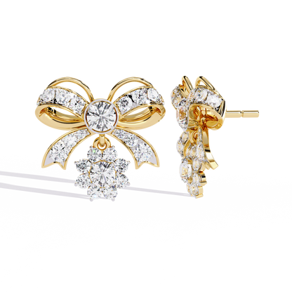 Diamond-studded Bow and Floral Cluster Earrings In Gold - 2.21 Ct
