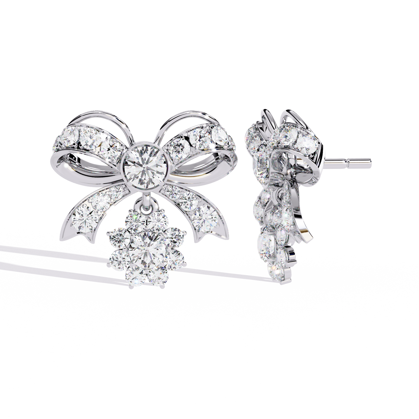 Diamond-studded Bow and Floral Cluster Earrings In Gold - 2.21 Ct