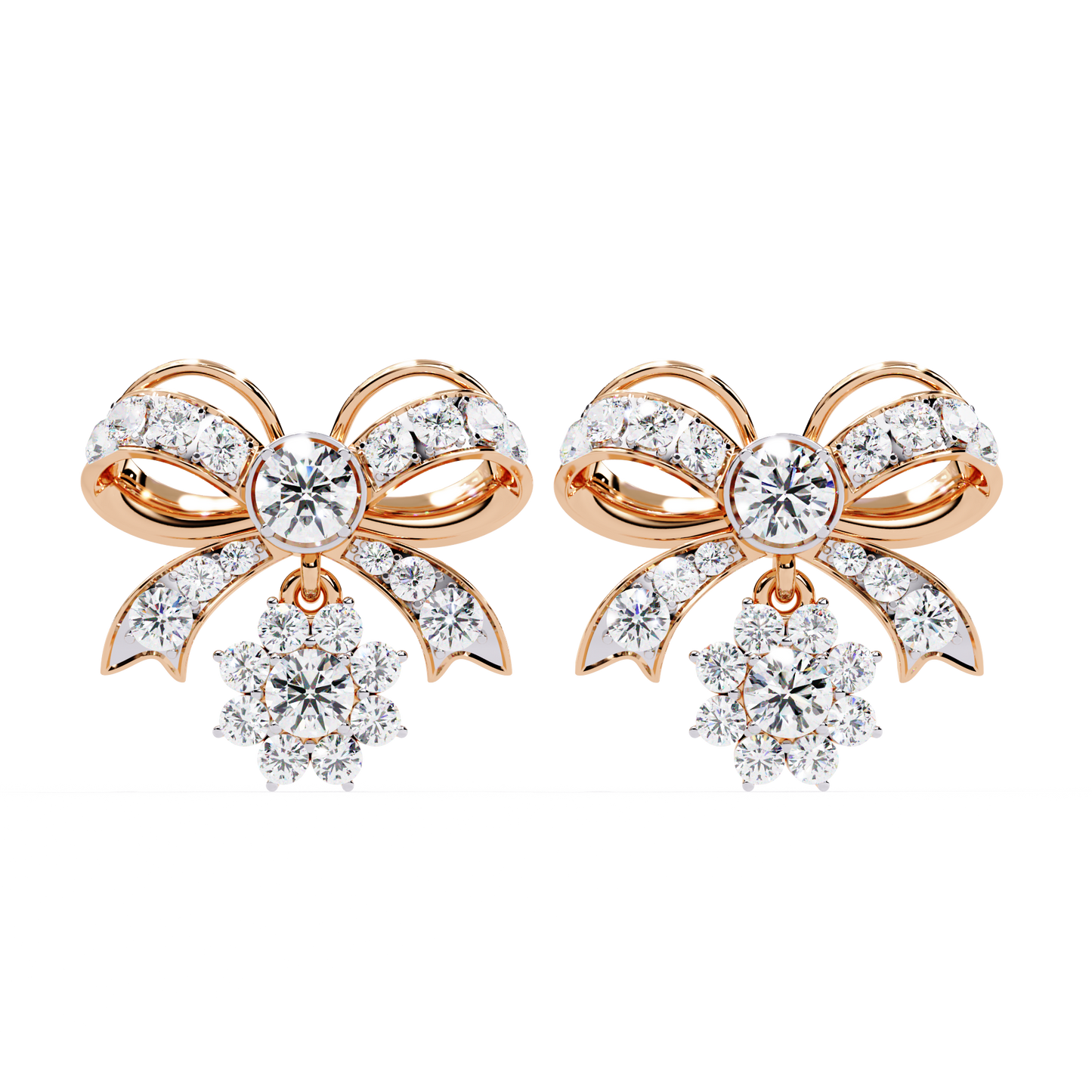 Diamond-studded Bow and Floral Cluster Earrings In Gold - 2.21 Ct
