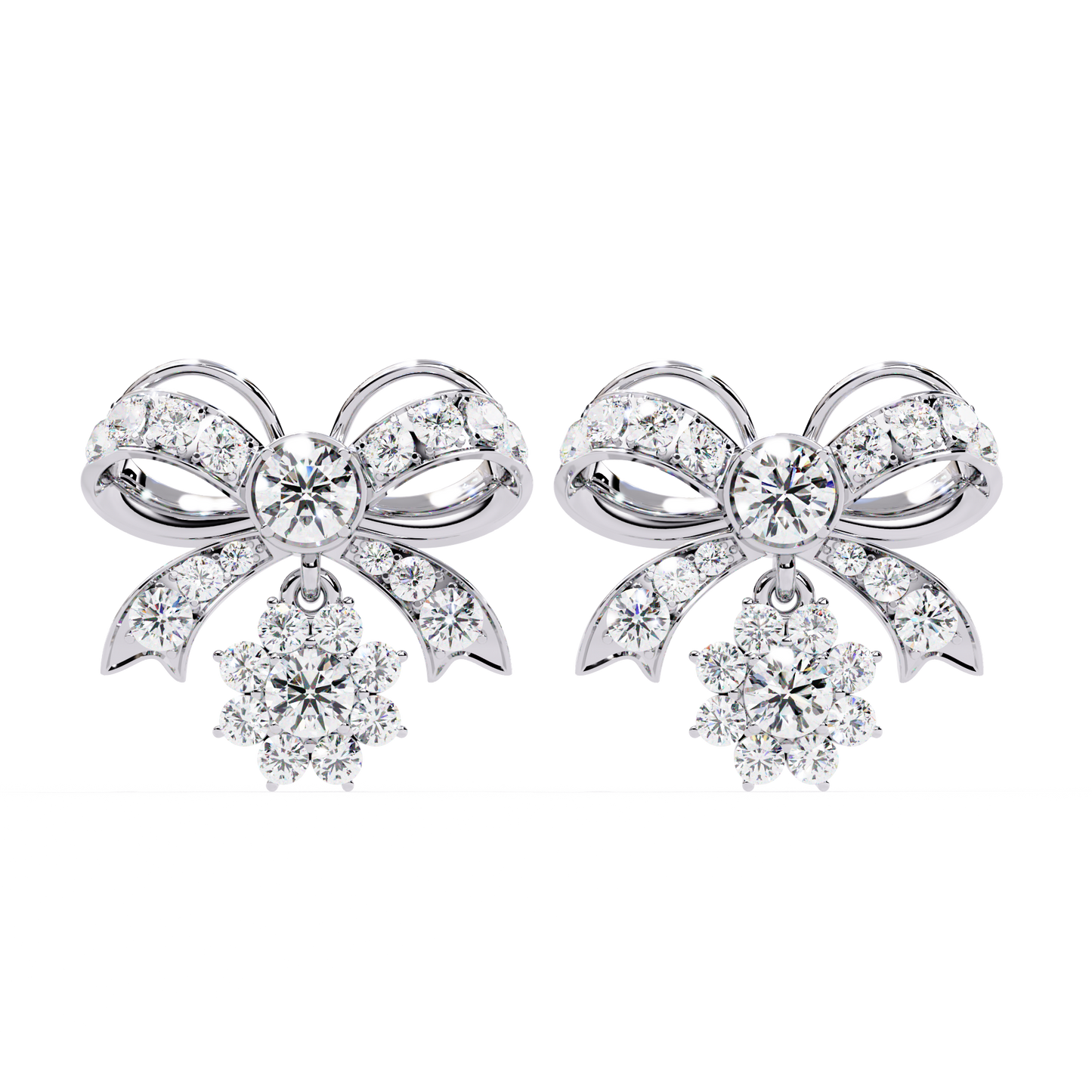 Diamond-studded Bow and Floral Cluster Earrings In Gold - 2.21 Ct