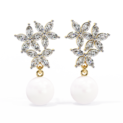 "Diamond-Cluster Flower & Pearl Drop Earrings" In Gold - 2.39 Ct