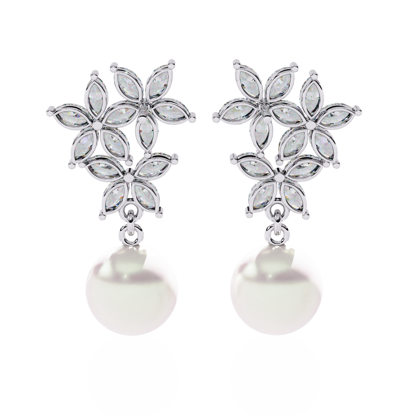 "Diamond-Cluster Flower & Pearl Drop Earrings" In Gold - 2.39 Ct
