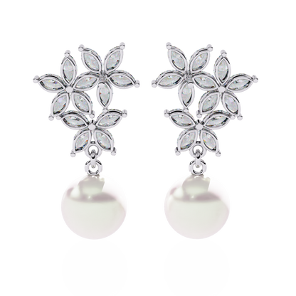 "Diamond-Cluster Flower & Pearl Drop Earrings" In Gold - 2.39 Ct