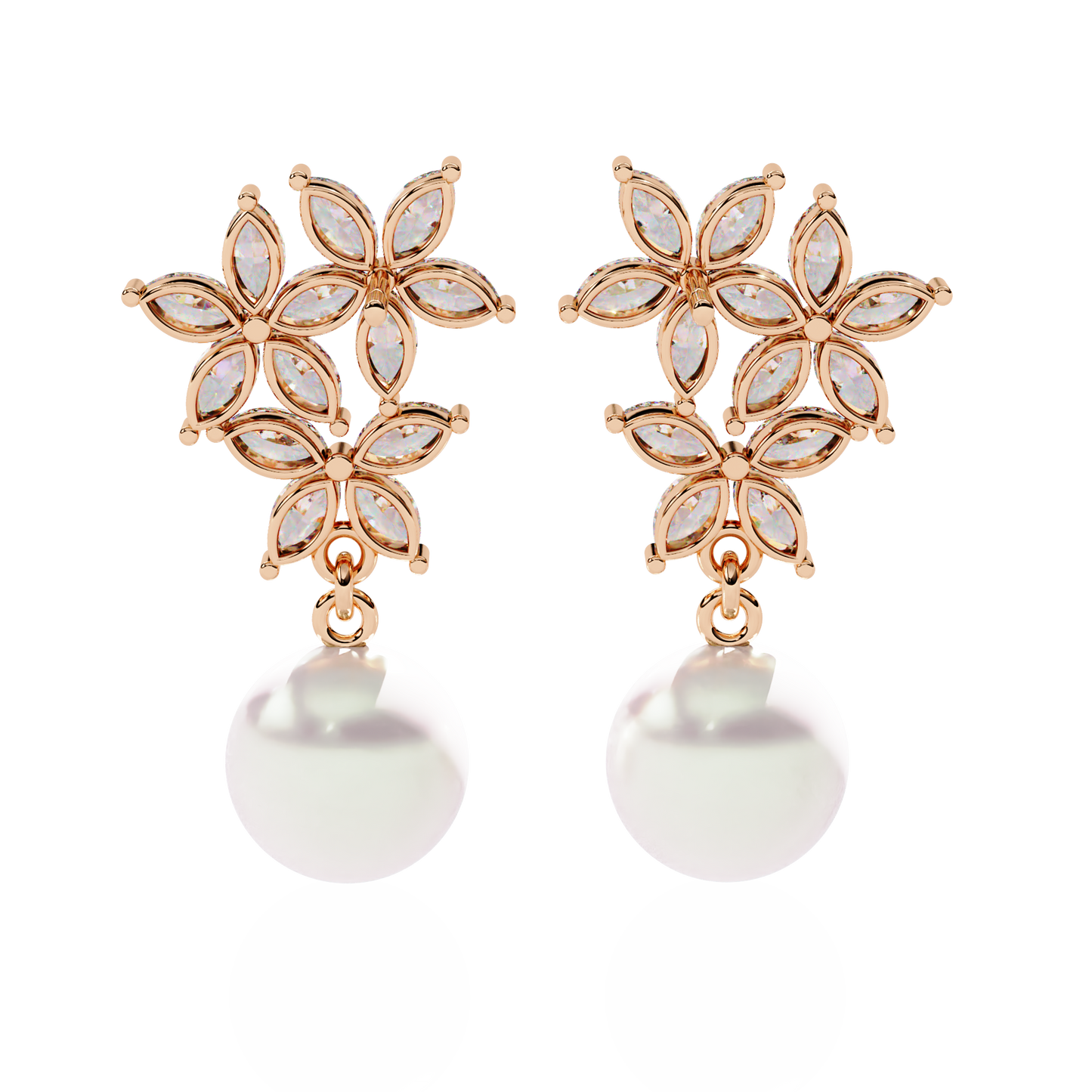 "Diamond-Cluster Flower & Pearl Drop Earrings" In Gold - 2.39 Ct