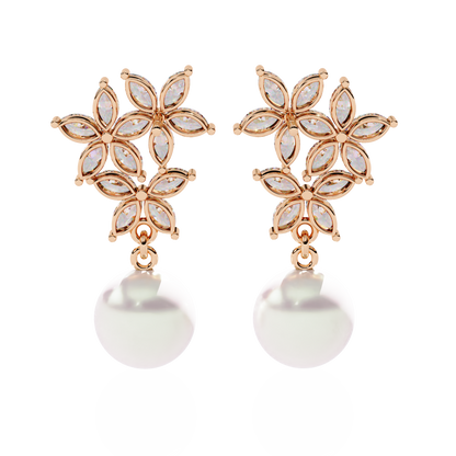 "Diamond-Cluster Flower & Pearl Drop Earrings" In Gold - 2.39 Ct