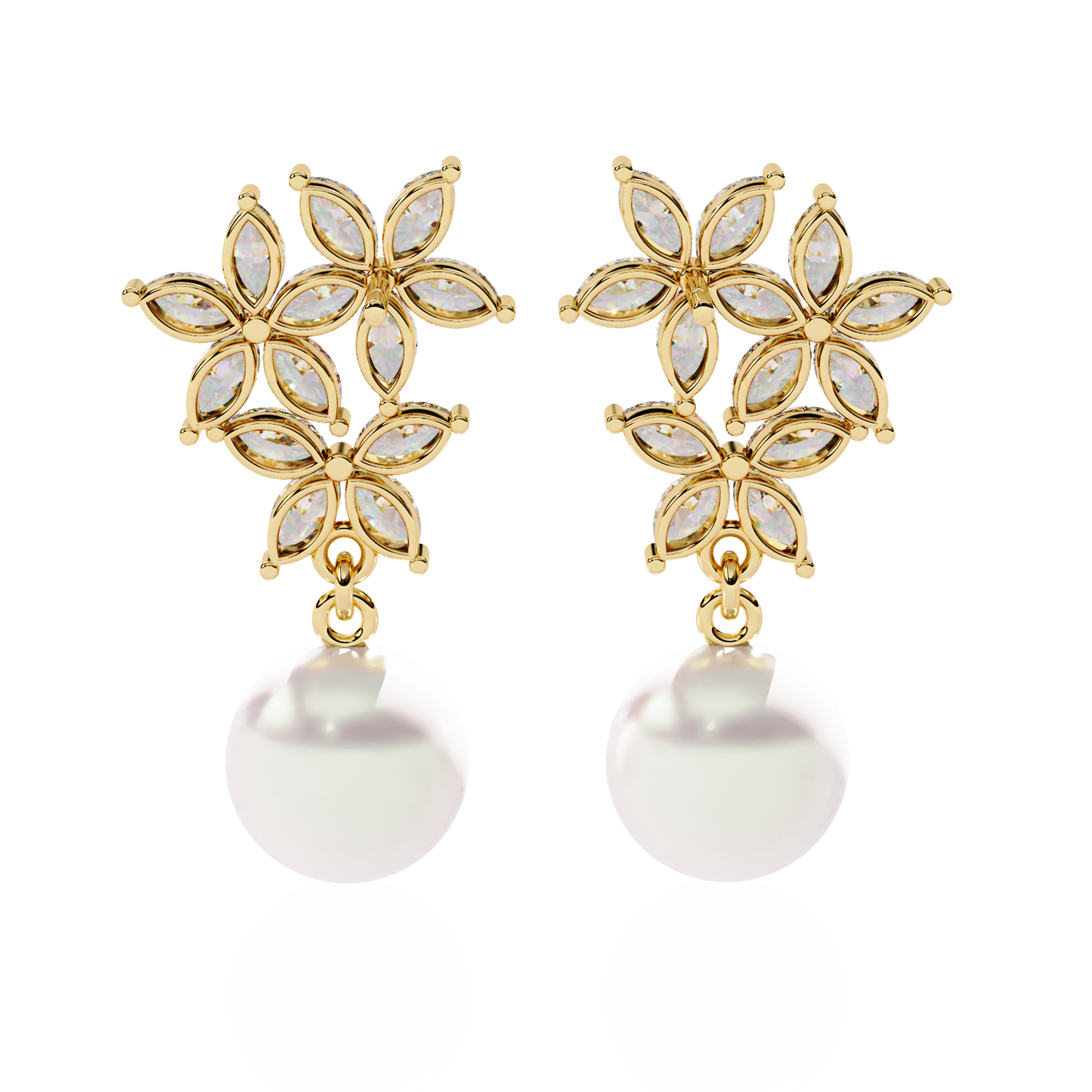 "Diamond-Cluster Flower & Pearl Drop Earrings" In Gold - 2.39 Ct