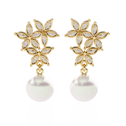 "Diamond-Cluster Flower & Pearl Drop Earrings" In Gold - 2.39 Ct