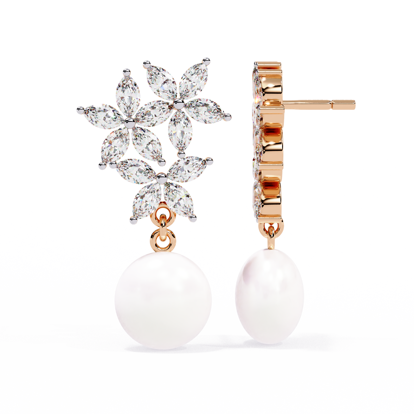 "Diamond-Cluster Flower & Pearl Drop Earrings" In Gold - 2.39 Ct