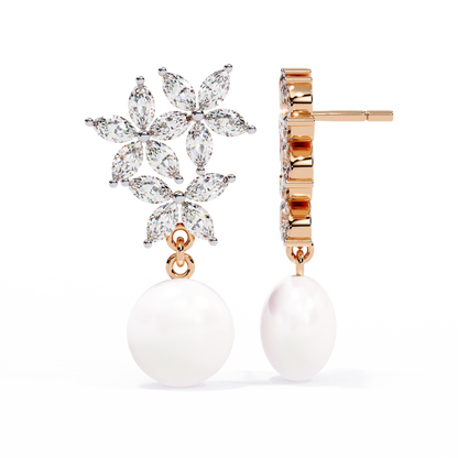 "Diamond-Cluster Flower & Pearl Drop Earrings" In Gold - 2.39 Ct