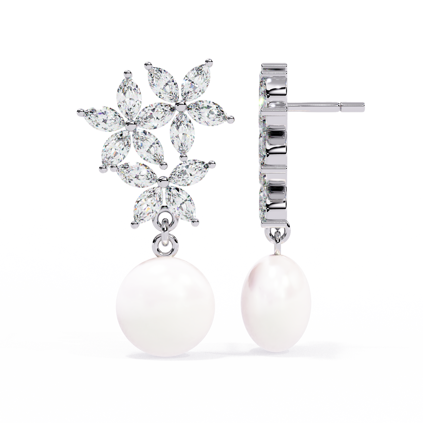 "Diamond-Cluster Flower & Pearl Drop Earrings" In Gold - 2.39 Ct