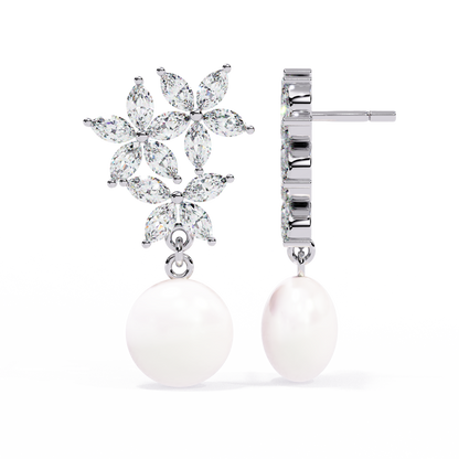 "Diamond-Cluster Flower & Pearl Drop Earrings" In Gold - 2.39 Ct