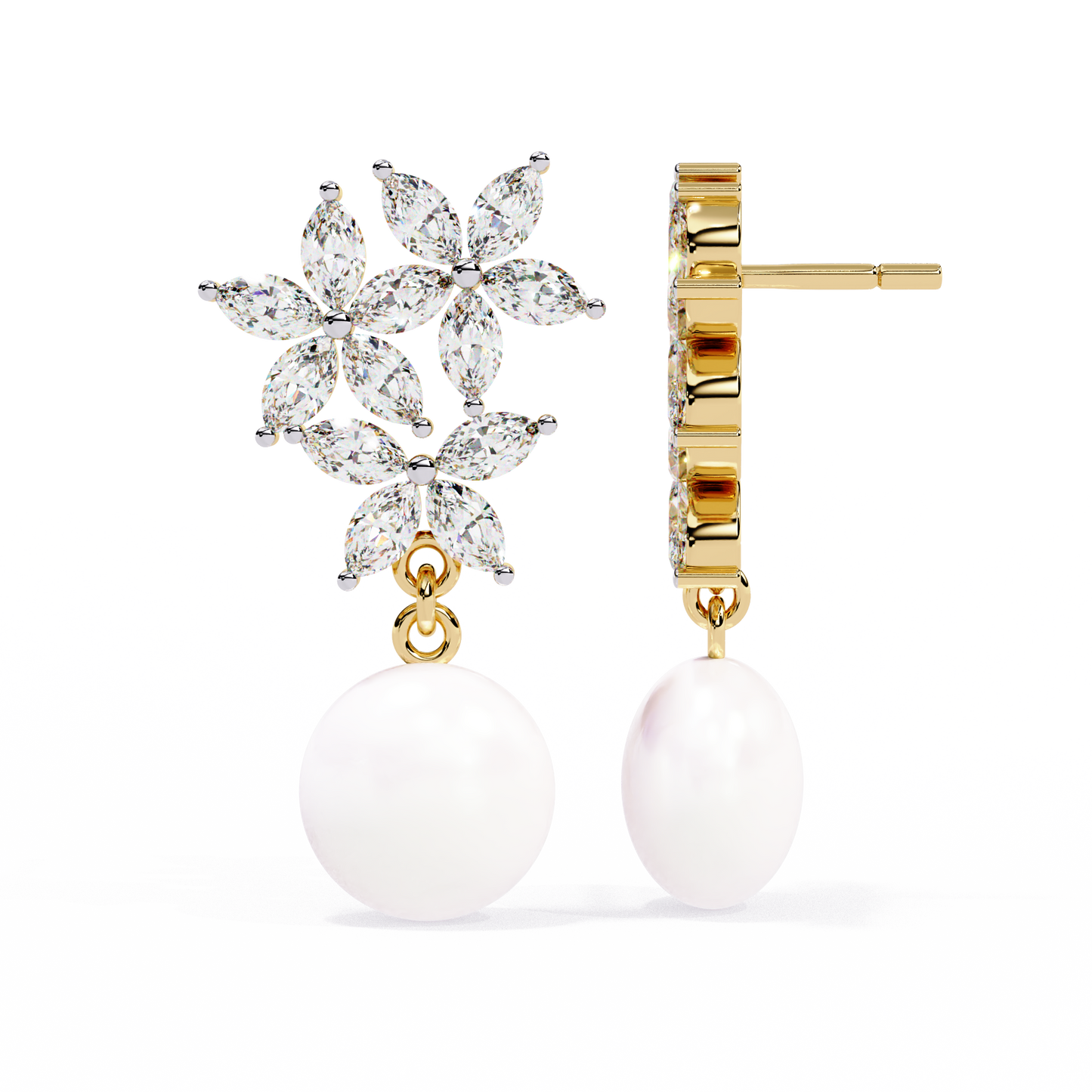 "Diamond-Cluster Flower & Pearl Drop Earrings" In Gold - 2.39 Ct