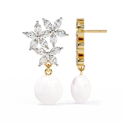 "Diamond-Cluster Flower & Pearl Drop Earrings" In Gold - 2.39 Ct