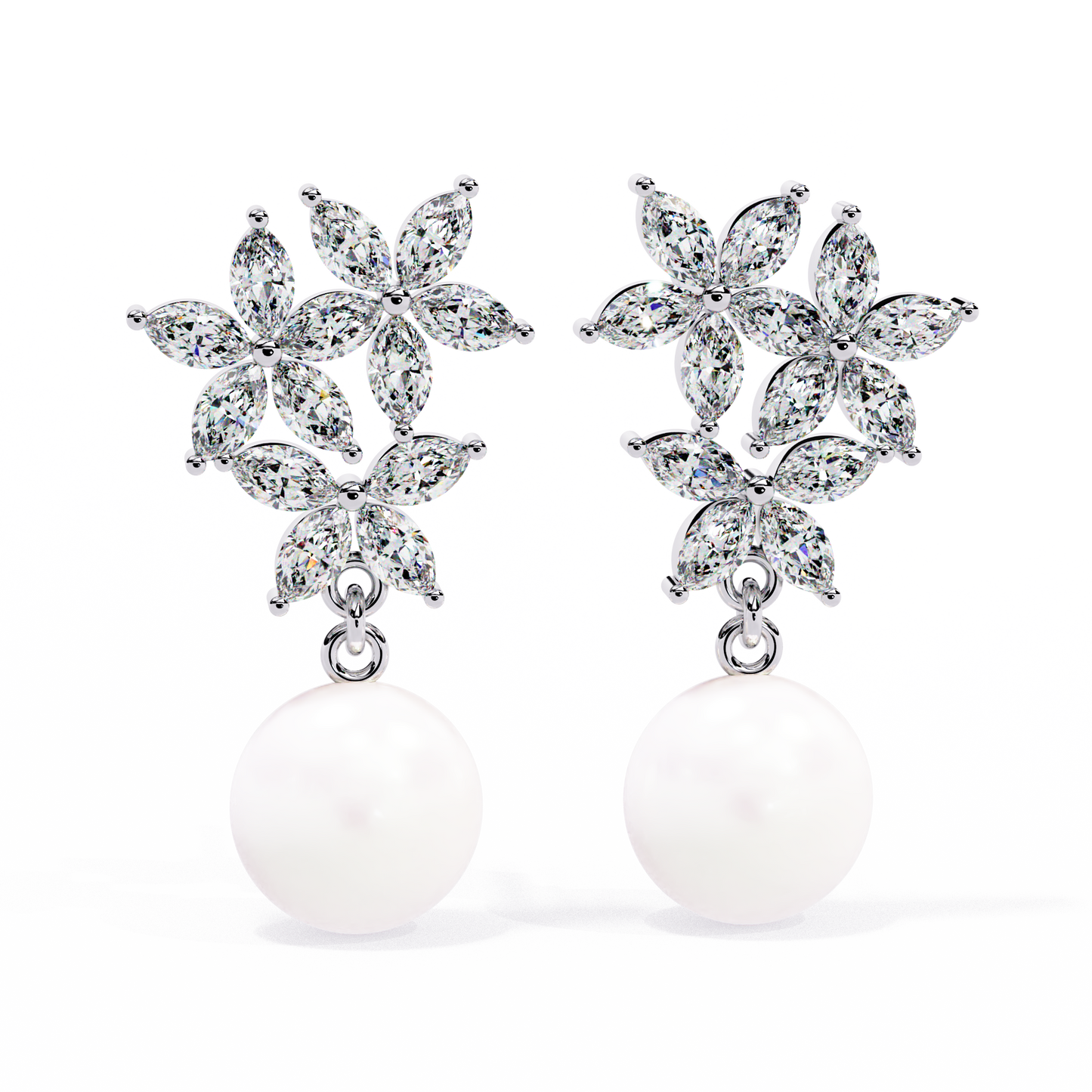 "Diamond-Cluster Flower & Pearl Drop Earrings" In Gold - 2.39 Ct