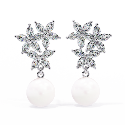 "Diamond-Cluster Flower & Pearl Drop Earrings" In Gold - 2.39 Ct