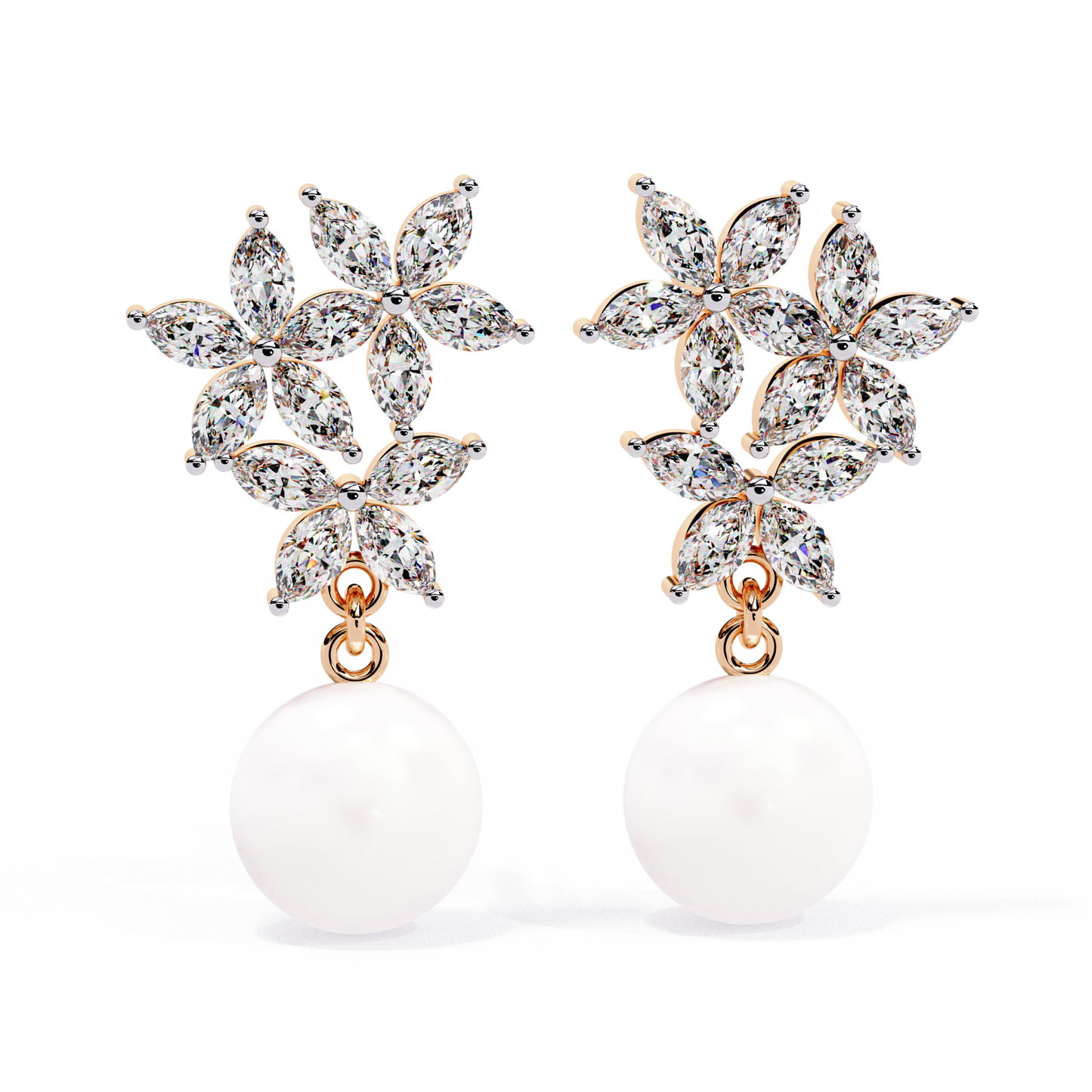 "Diamond-Cluster Flower & Pearl Drop Earrings" In Gold - 2.39 Ct