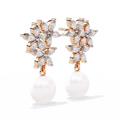 "Diamond-Cluster Flower & Pearl Drop Earrings" In Gold - 2.39 Ct