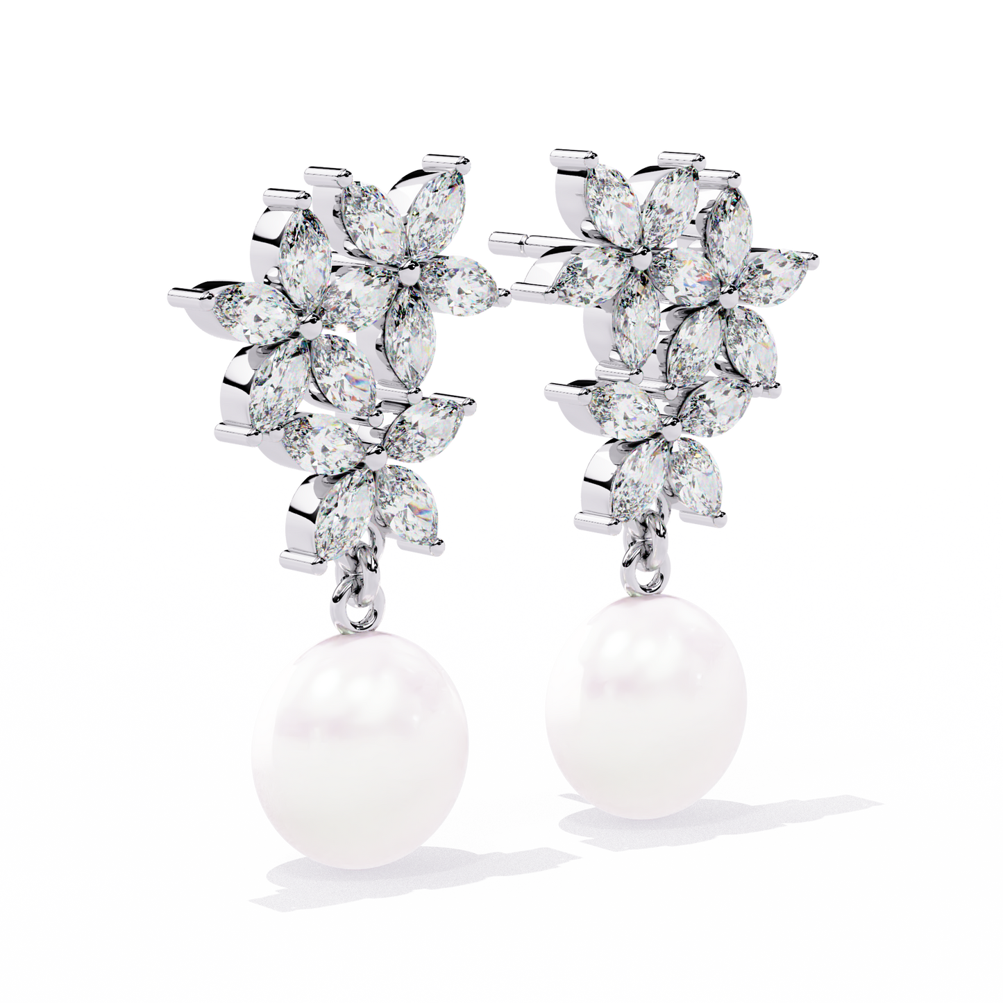 "Diamond-Cluster Flower & Pearl Drop Earrings" In Gold - 2.39 Ct