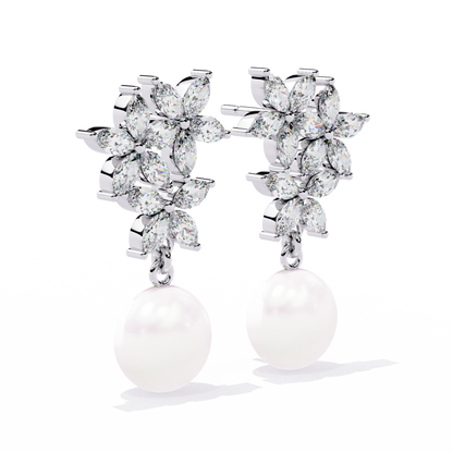 "Diamond-Cluster Flower & Pearl Drop Earrings" In Gold - 2.39 Ct
