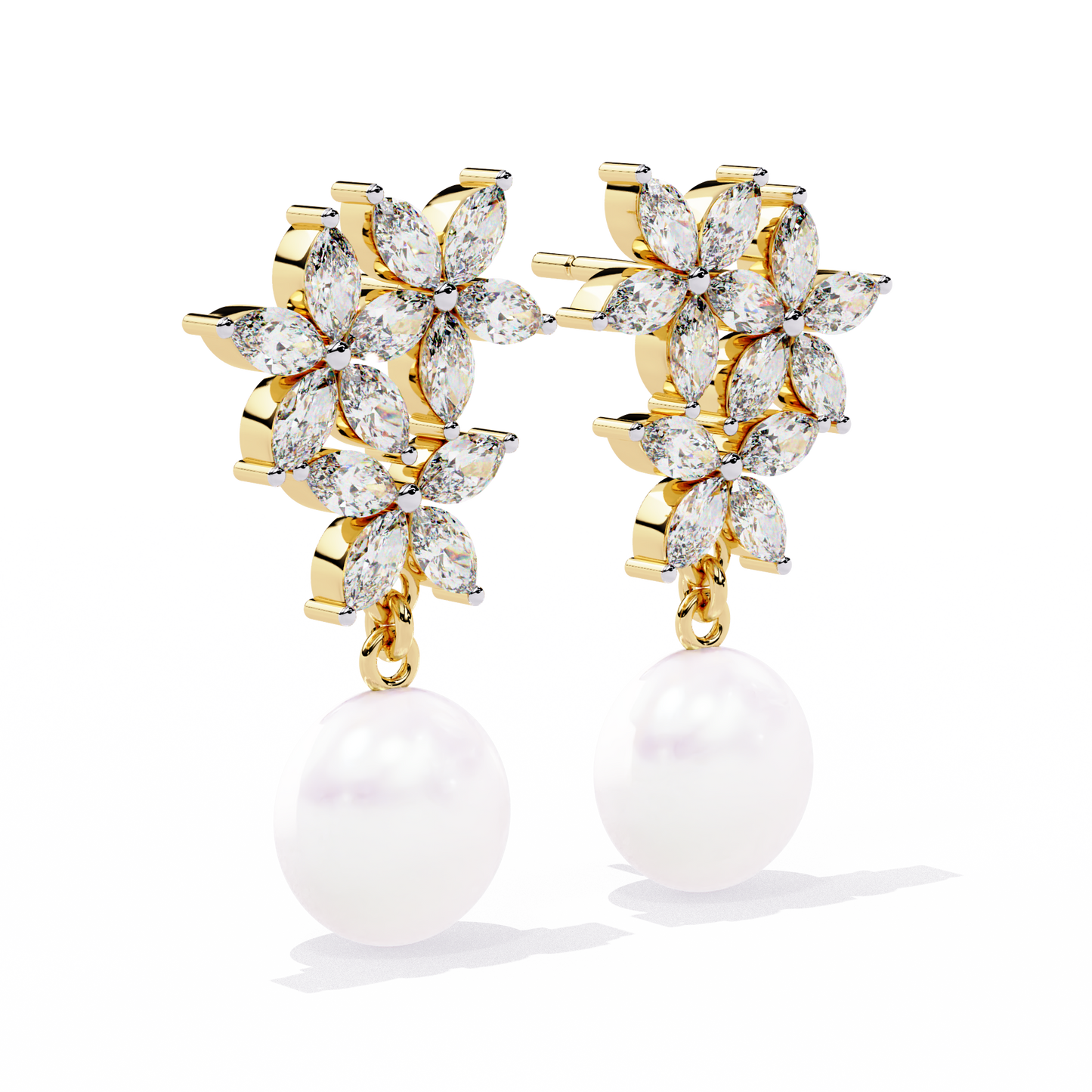 "Diamond-Cluster Flower & Pearl Drop Earrings" In Gold - 2.39 Ct