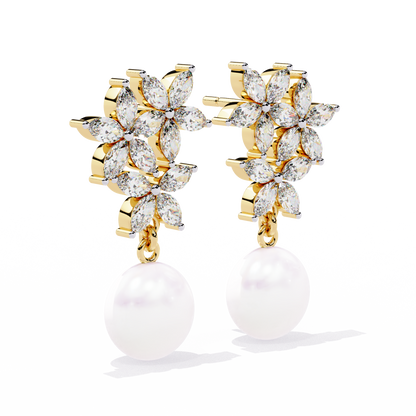 "Diamond-Cluster Flower & Pearl Drop Earrings" In Gold - 2.39 Ct