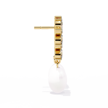 "Diamond-Cluster Flower & Pearl Drop Earrings" In Gold - 2.39 Ct