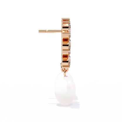 "Diamond-Cluster Flower & Pearl Drop Earrings" In Gold - 2.39 Ct